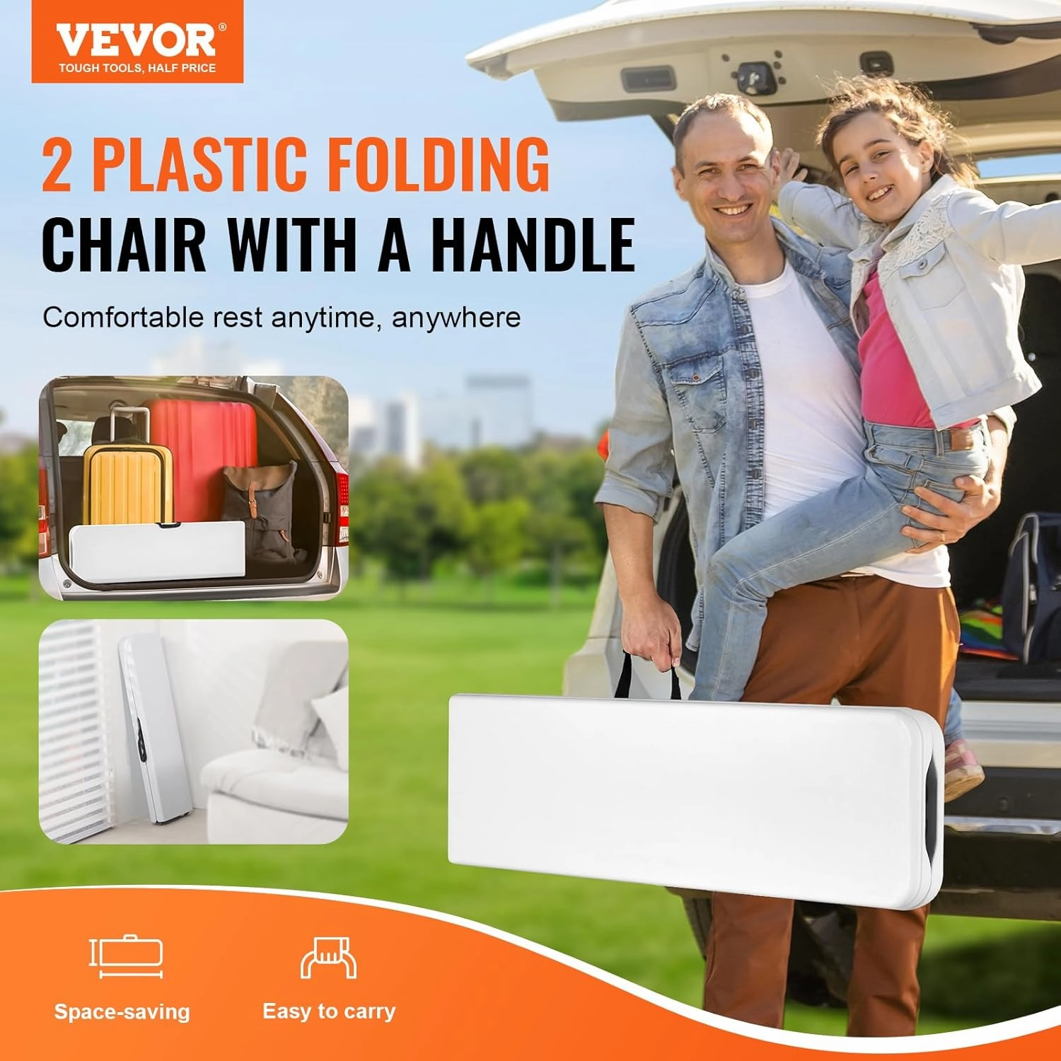 VEVOR Plastic Folding Bench, 6 FT Portable Folding Bench, Smooth HDPE Waterproof Outdoor Bench, Picnic Camping Dining Seat with Carrying Handle, for Garden Soccer Entertaining Activity, White (2 Pack)