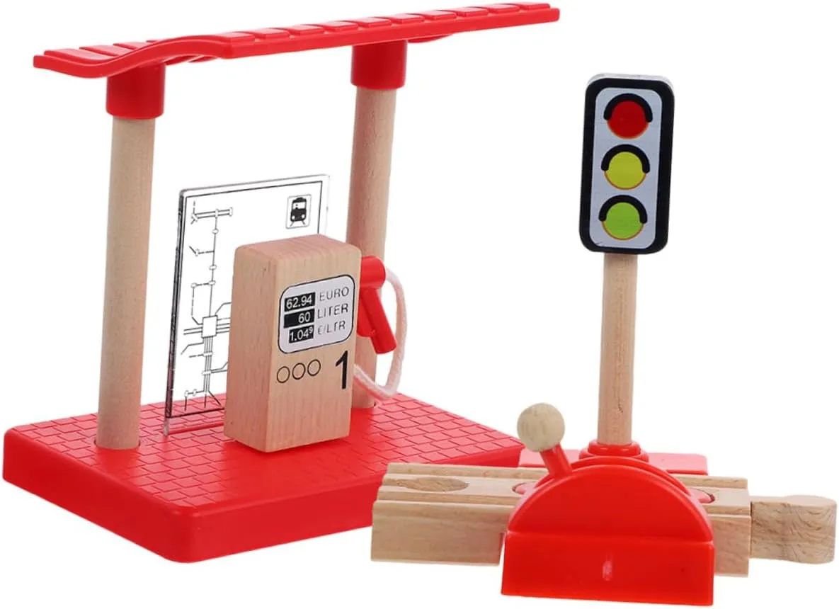 VICASKY 4sets Boys and Girls Gas Station Toy Multi-Function Train Track Accessories Lifting Road Block Gas Station Playset for Creative Learning Imaginative Play