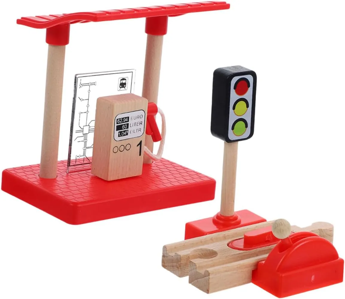 VICASKY 4sets Boys and Girls Gas Station Toy Multi-Function Train Track Accessories Lifting Road Block Gas Station Playset for Creative Learning Imaginative Play