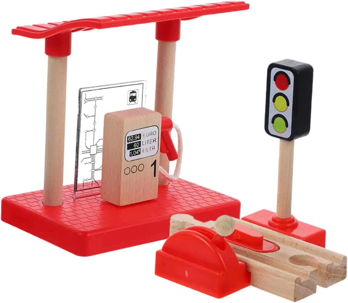 VICASKY 4sets Boys and Girls Gas Station Toy Multi-Function Train Track Accessories Lifting Road Block Gas Station Playset for Creative Learning Imaginative Play