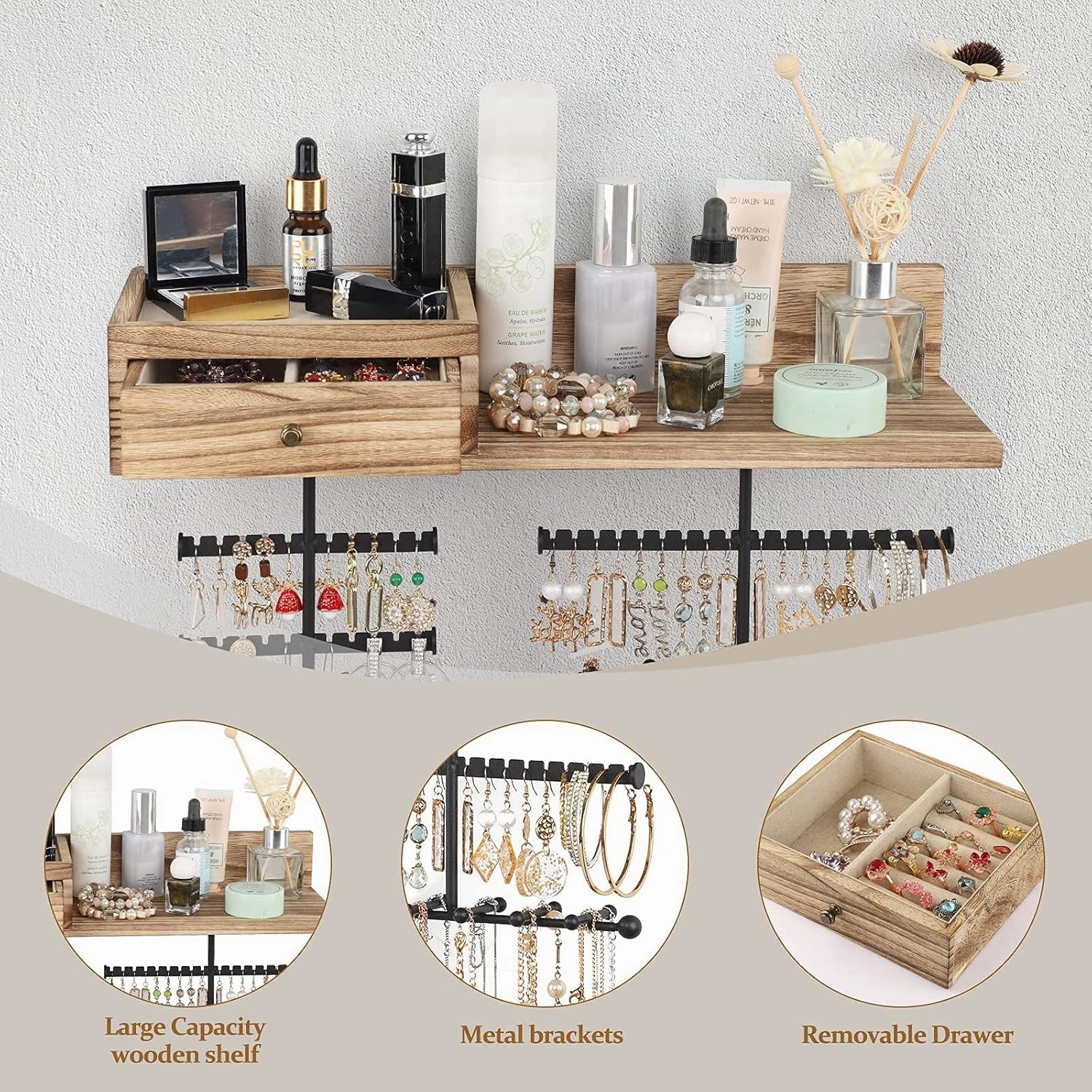 VINAEMO Jewelry Organizer Hanging Wall Mounted Jewelry Holder with Rustic Wood Drawer & Large Capacity Storage Shelf Rack Display for Earrings Rings Necklaces Bracelet