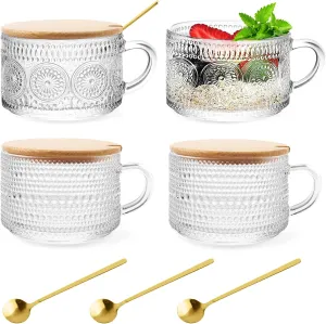 Vintage Glass Coffee Mugs 4 Set, 14oz Overnight Oats Containers with Bamboo Lids and spoon, Glass Coffee Tea Cups, Coffee Bar Accessories, Ideal Birthday, Holiday Gifts for Women