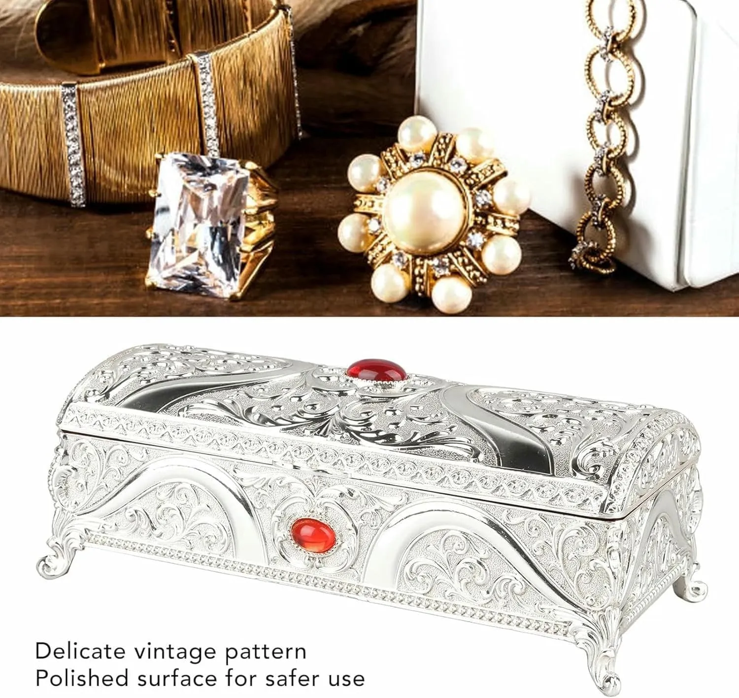 Vintage Metal Jewelry Box, Alloy Material Protection, Large Capacity for Rings Earrings, Soft Velvet Lining, Delicate Vintage Pattern Design Box(Silver)