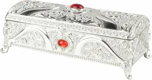 Vintage Metal Jewelry Box, Alloy Material Protection, Large Capacity for Rings Earrings, Soft Velvet Lining, Delicate Vintage Pattern Design Box(Silver)