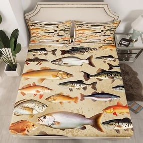 Vintage Fishing Fitted Sheet Twin 2 Pcs,Underwater Fish Animals Sheets Sets Breathable Bedding(No Top Sheet),Farmhouse Lakeside Fishing Bed Sheet with Deep Pocket,Lake and Fashing Bed Cocer