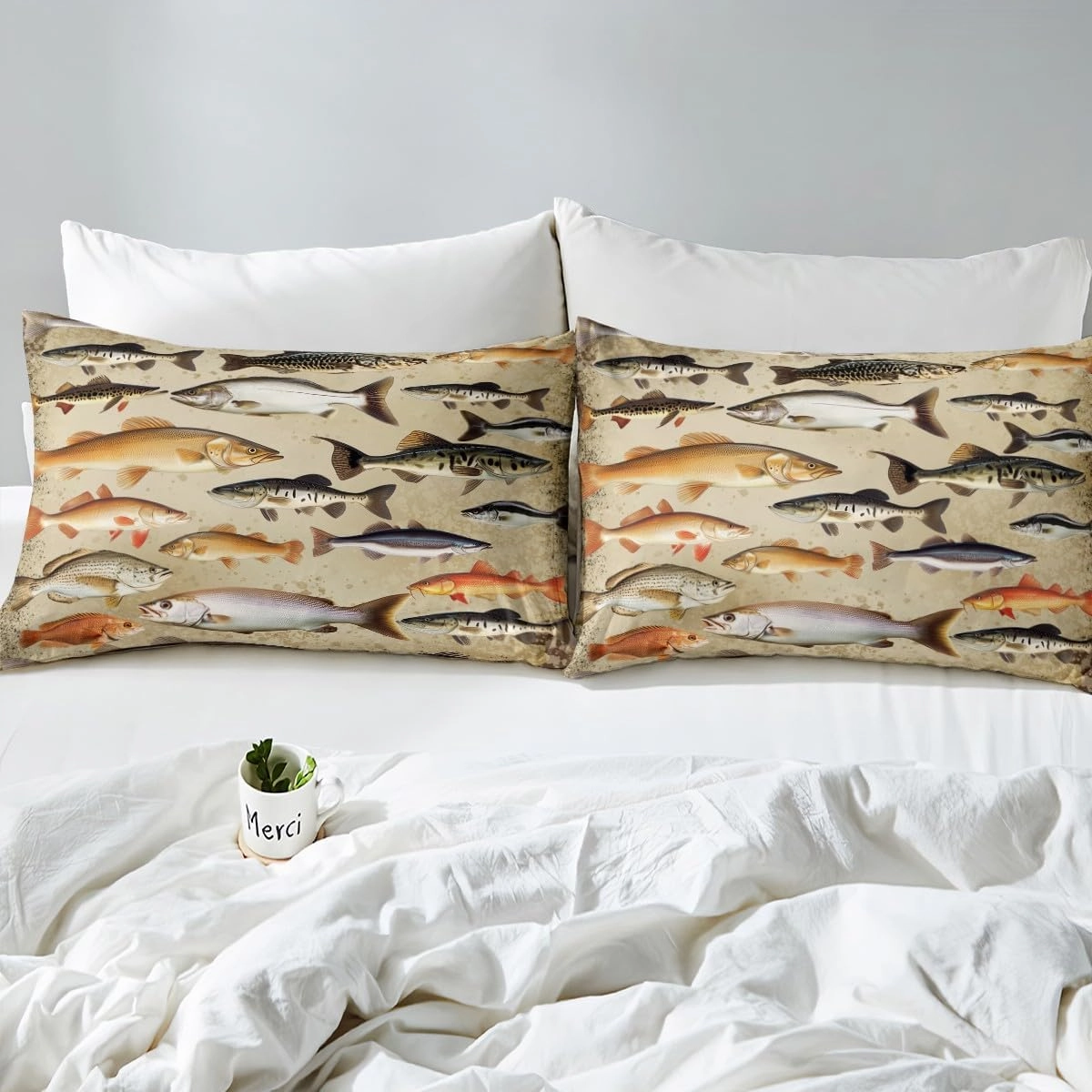 Vintage Fishing Fitted Sheet Twin 2 Pcs,Underwater Fish Animals Sheets Sets Breathable Bedding(No Top Sheet),Farmhouse Lakeside Fishing Bed Sheet with Deep Pocket,Lake and Fashing Bed Cocer