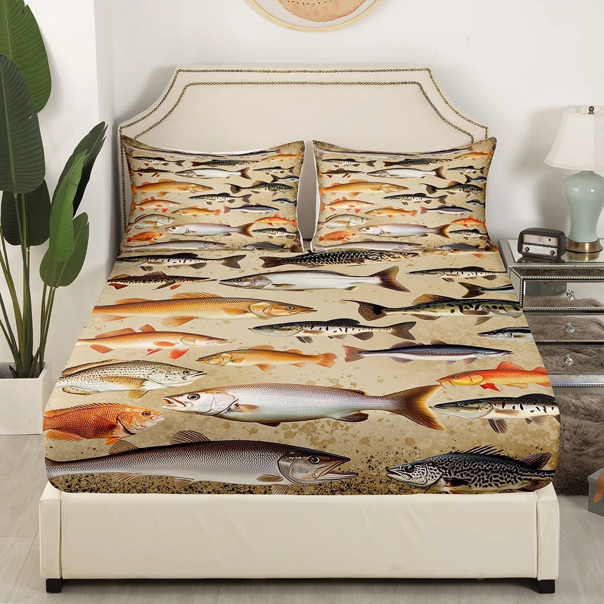 Vintage Fishing Fitted Sheet Twin 2 Pcs,Underwater Fish Animals Sheets Sets Breathable Bedding(No Top Sheet),Farmhouse Lakeside Fishing Bed Sheet with Deep Pocket,Lake and Fashing Bed Cocer