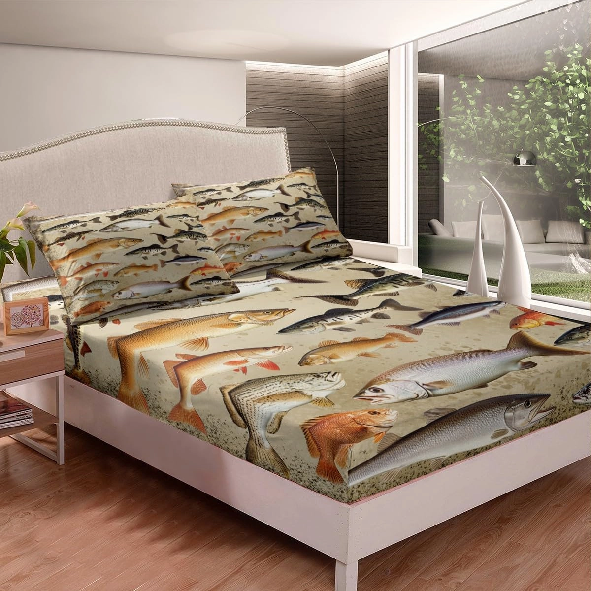 Vintage Fishing Fitted Sheet Twin 2 Pcs,Underwater Fish Animals Sheets Sets Breathable Bedding(No Top Sheet),Farmhouse Lakeside Fishing Bed Sheet with Deep Pocket,Lake and Fashing Bed Cocer