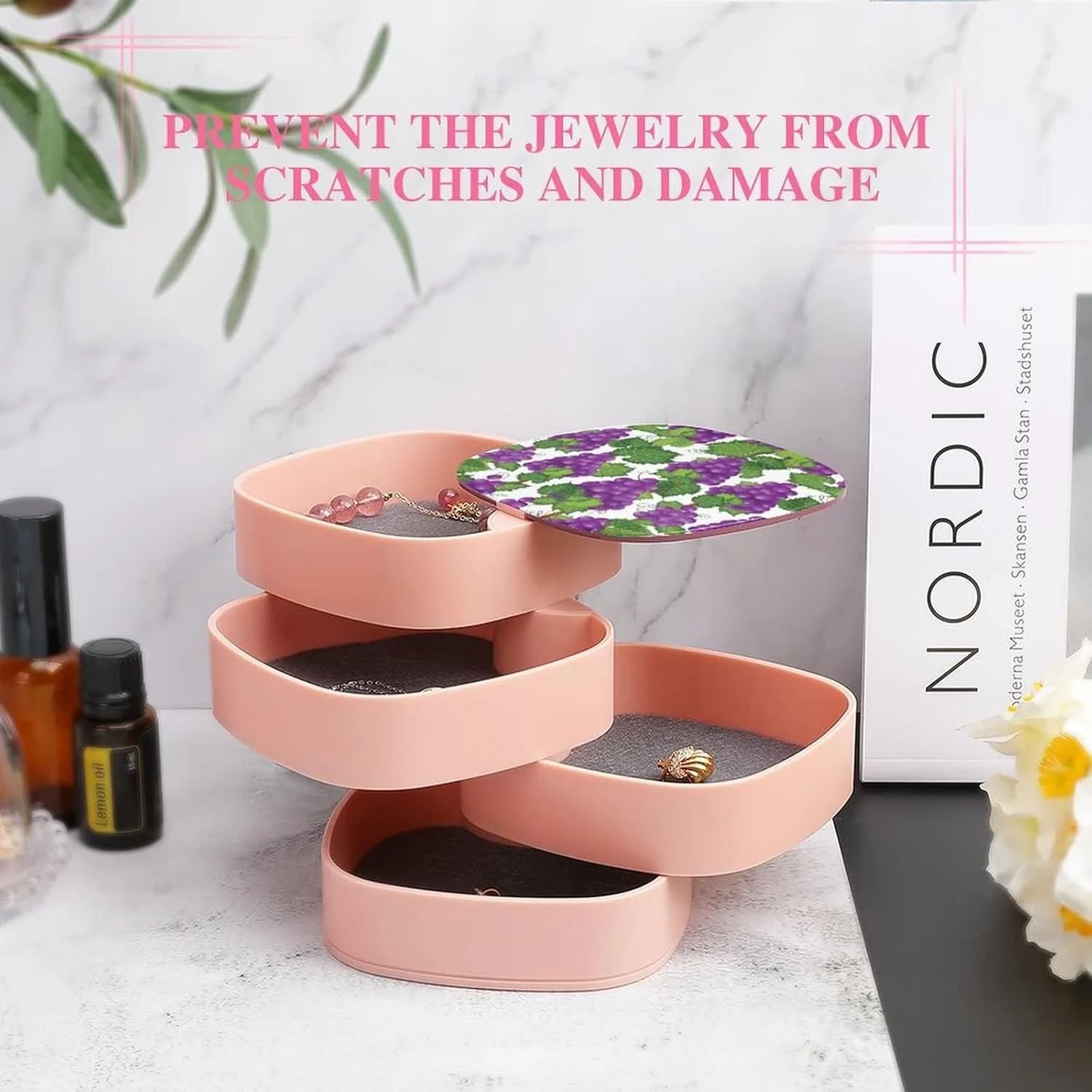 Violet Purple Grapes Bunch Vine with Green Leaves on White Women Jewelry Box with Mirror, Storage Bag Case for Rings, Necklaces, Bracelets, 360 Degree Rotating 4-layer Tray with Lid