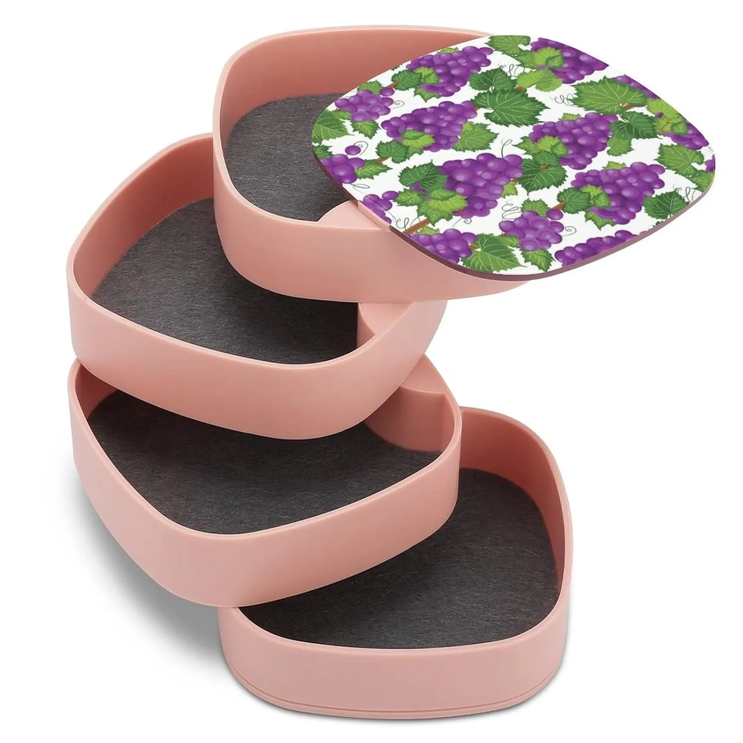 Violet Purple Grapes Bunch Vine with Green Leaves on White Women Jewelry Box with Mirror, Storage Bag Case for Rings, Necklaces, Bracelets, 360 Degree Rotating 4-layer Tray with Lid