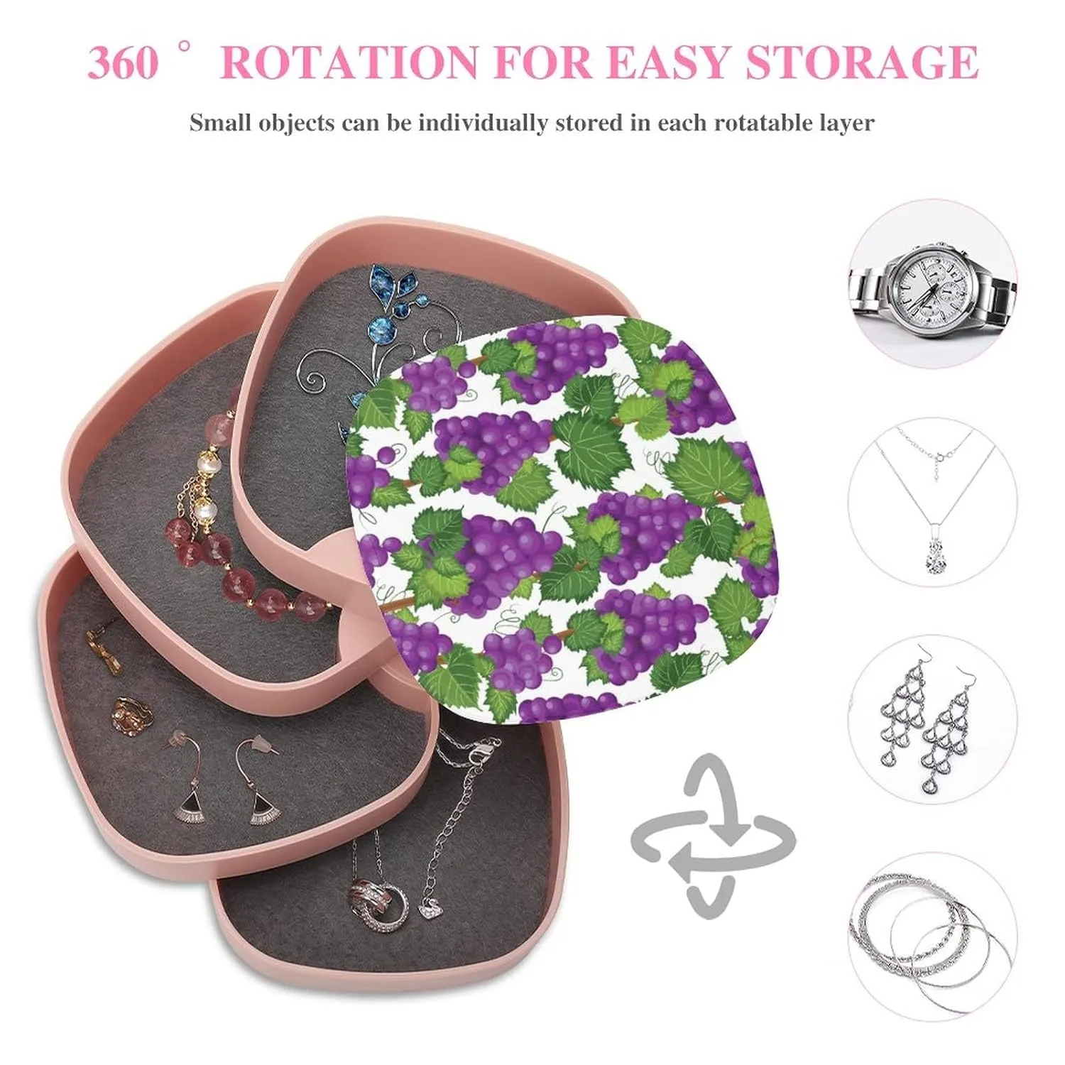 Violet Purple Grapes Bunch Vine with Green Leaves on White Women Jewelry Box with Mirror, Storage Bag Case for Rings, Necklaces, Bracelets, 360 Degree Rotating 4-layer Tray with Lid