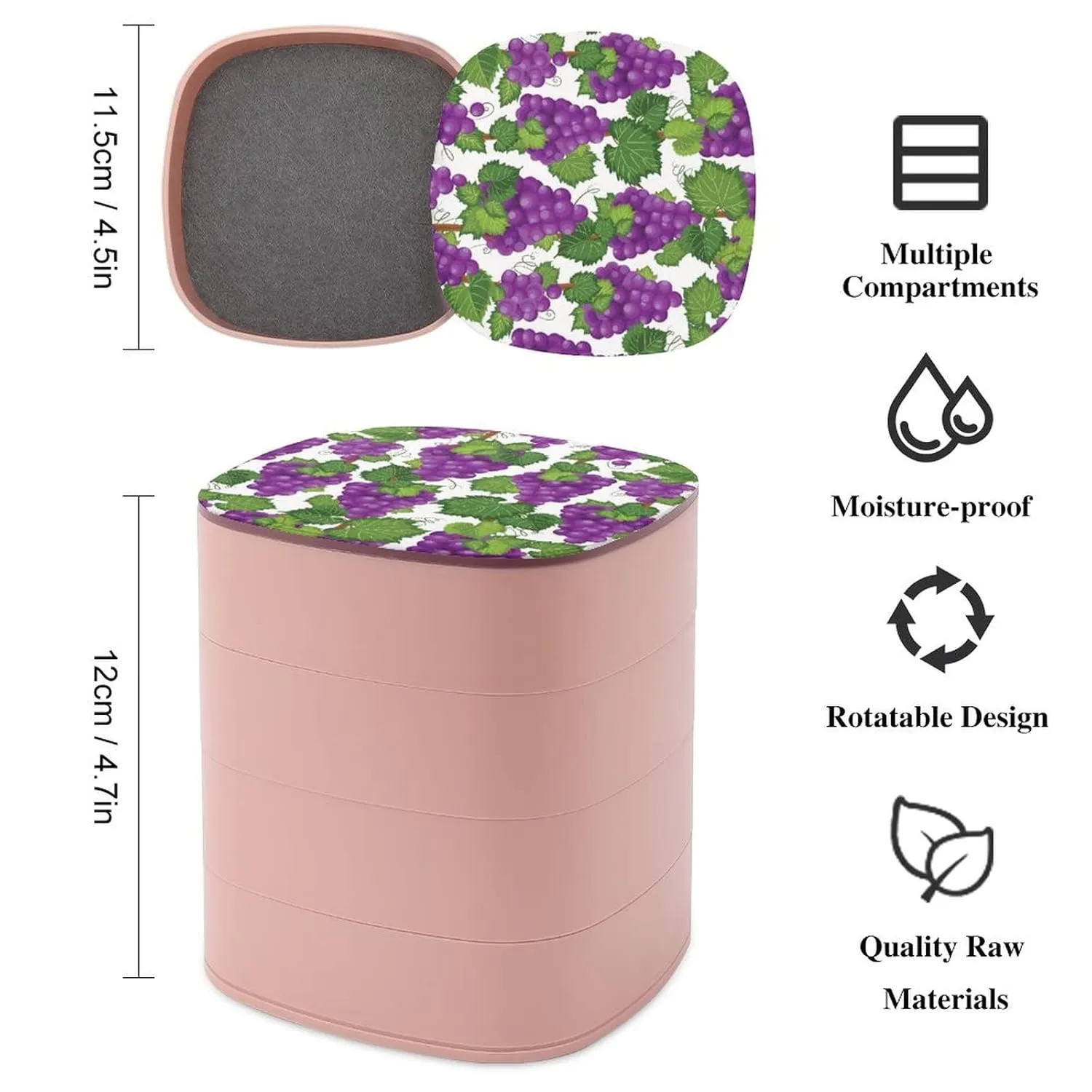 Violet Purple Grapes Bunch Vine with Green Leaves on White Women Jewelry Box with Mirror, Storage Bag Case for Rings, Necklaces, Bracelets, 360 Degree Rotating 4-layer Tray with Lid
