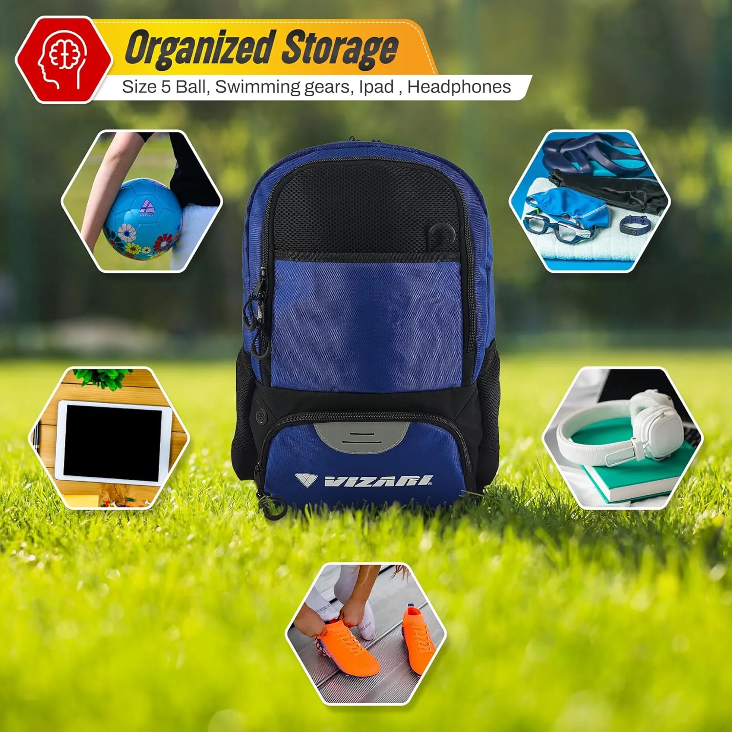 Vizari Soccer Backpack Soccer Bag | Water resistant Durable Equipment Bag for Football, Basketball, Volleyball | Cleats and Ball Compartment - Red,Blue,Pink,Black