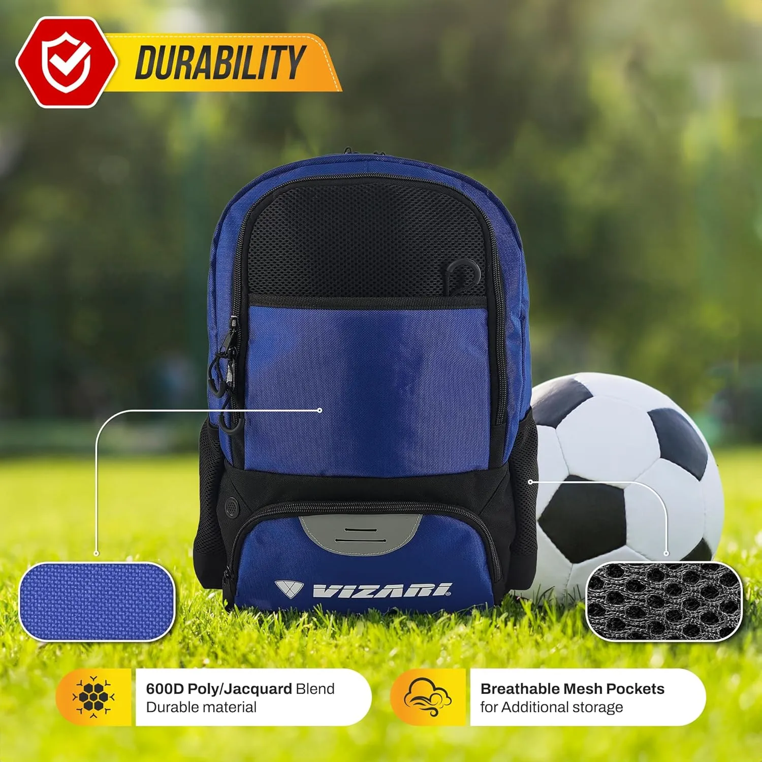 Vizari Soccer Backpack Soccer Bag | Water resistant Durable Equipment Bag for Football, Basketball, Volleyball | Cleats and Ball Compartment - Red,Blue,Pink,Black