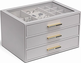 Vlando Jewelry Box for Women, Glass Lid Jewelry Organizer with 3 Drawers for Necklaces Rings Earrings Bracelets - Grey