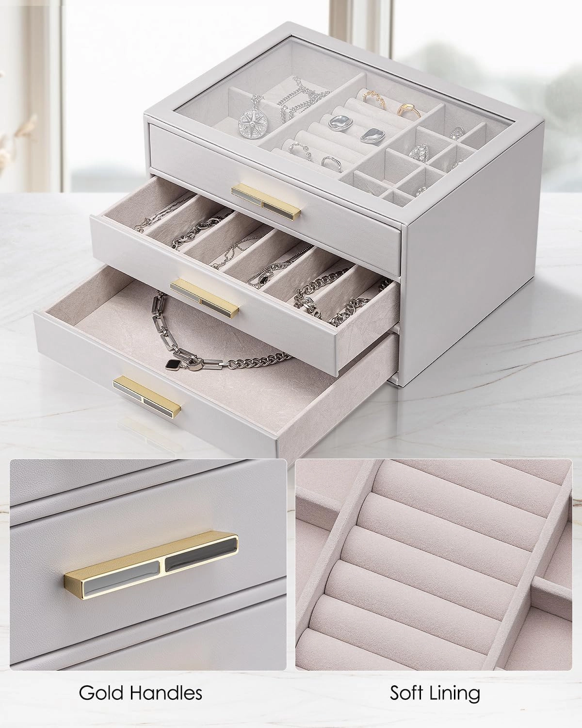 Vlando Jewelry Box for Women, Glass Lid Jewelry Organizer with 3 Drawers for Necklaces Rings Earrings Bracelets - Grey