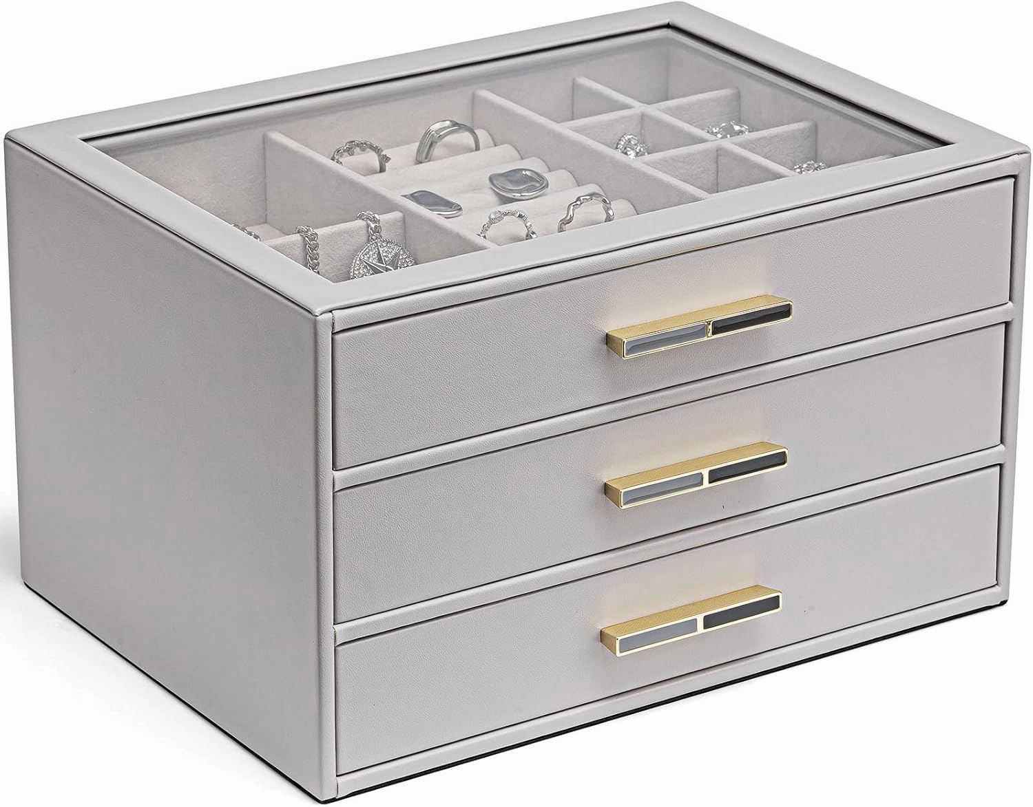 Vlando Jewelry Box for Women, Glass Lid Jewelry Organizer with 3 Drawers for Necklaces Rings Earrings Bracelets - Grey