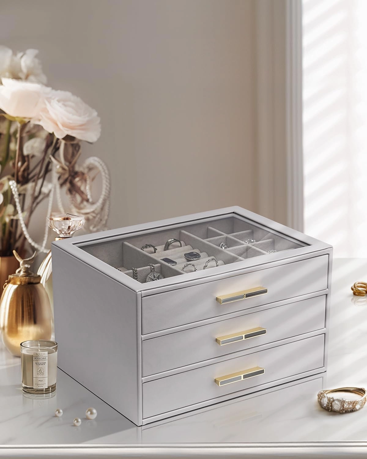 Vlando Jewelry Box for Women, Glass Lid Jewelry Organizer with 3 Drawers for Necklaces Rings Earrings Bracelets - Grey
