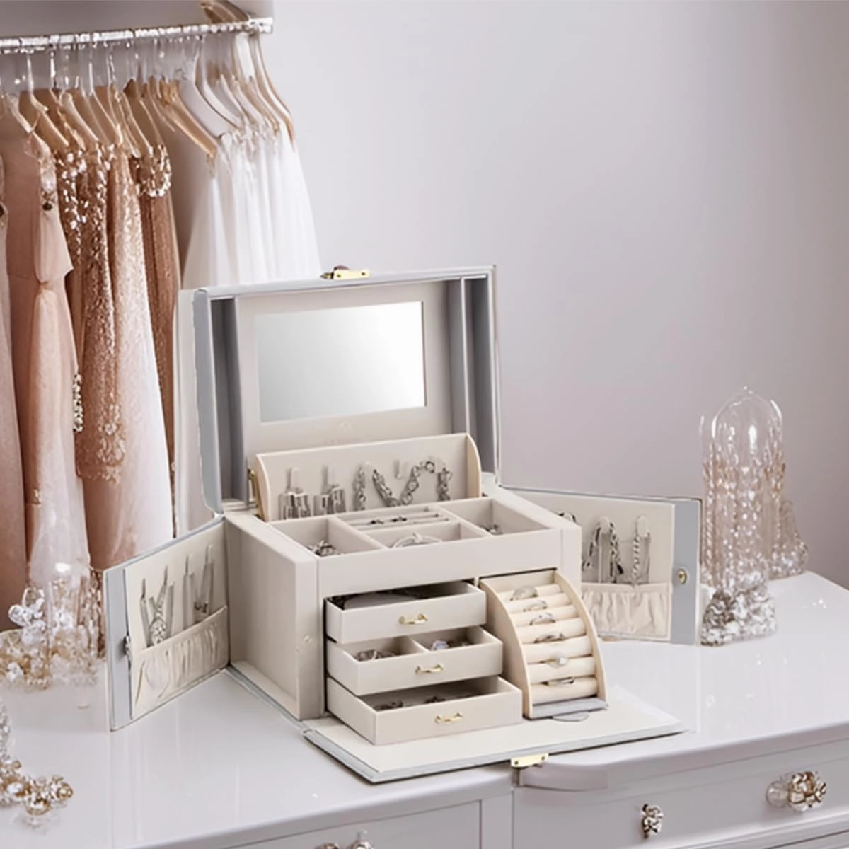 Vlando Mirrored Jewelry Box Organizer, Leather Jewelry Storage Case, Necklaces Earrings Rings Brackets Box Holder, Light Gray