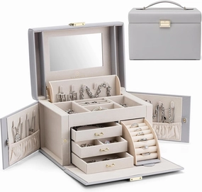 Vlando Mirrored Jewelry Box Organizer, Leather Jewelry Storage Case, Necklaces Earrings Rings Brackets Box Holder, Light Gray