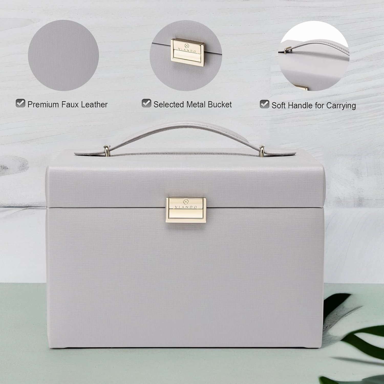 Vlando Mirrored Jewelry Box Organizer, Leather Jewelry Storage Case, Necklaces Earrings Rings Brackets Box Holder, Light Gray
