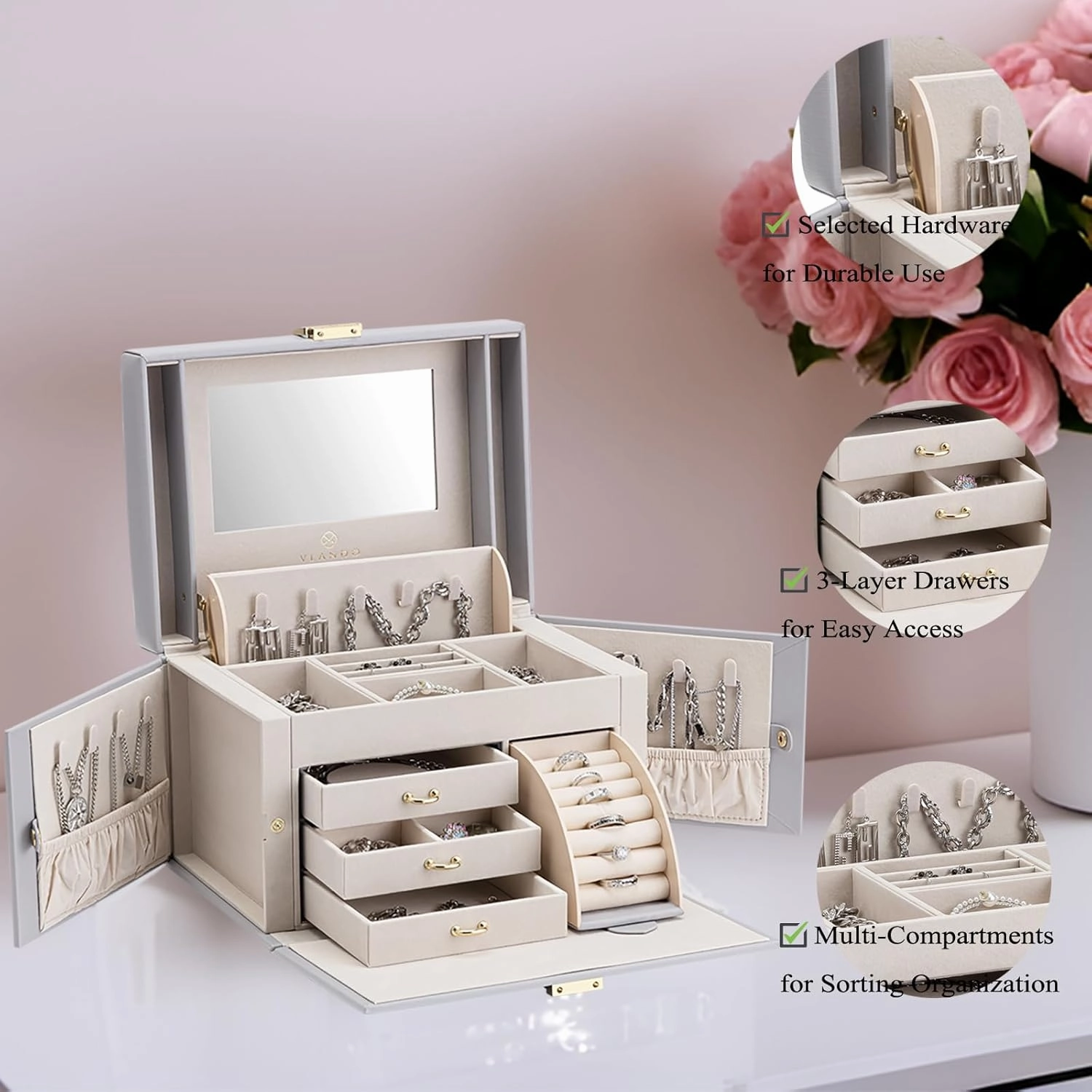 Vlando Mirrored Jewelry Box Organizer, Leather Jewelry Storage Case, Necklaces Earrings Rings Brackets Box Holder, Light Gray