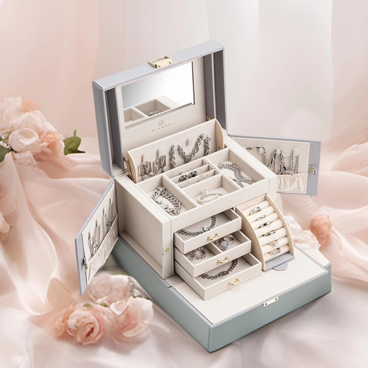 Vlando Mirrored Jewelry Box Organizer, Leather Jewelry Storage Case, Necklaces Earrings Rings Brackets Box Holder, Light Gray