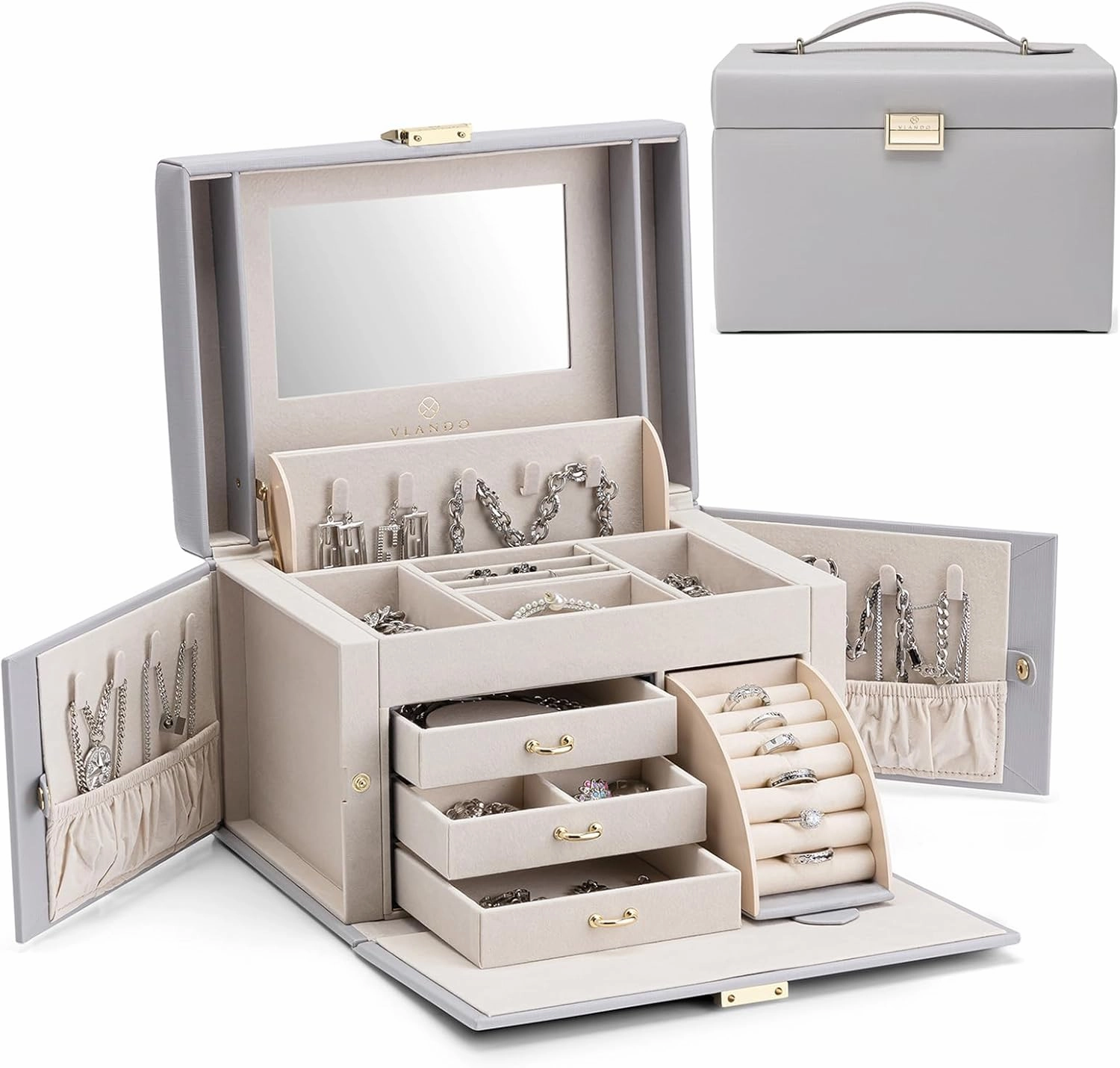 Vlando Mirrored Jewelry Box Organizer, Leather Jewelry Storage Case, Necklaces Earrings Rings Brackets Box Holder, Light Gray