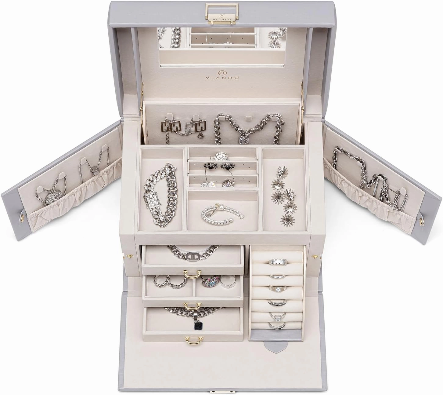 Vlando Mirrored Jewelry Box Organizer, Leather Jewelry Storage Case, Necklaces Earrings Rings Brackets Box Holder, Light Gray