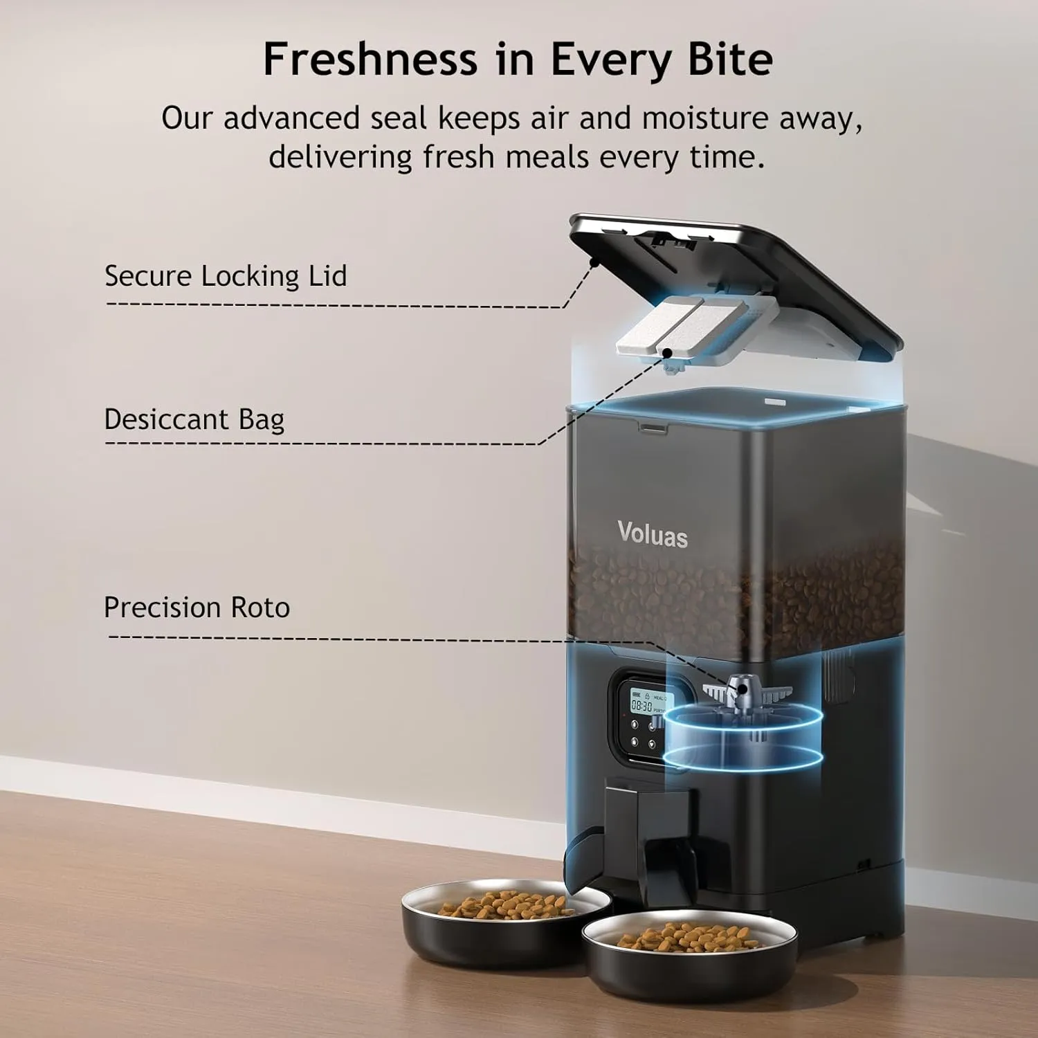 Voluas Automatic Cat Feeder for Two Cats, Double Pet Feeder with 2 Stainless Steel Bowls,6L Timed Cat Feeders with Memory Function