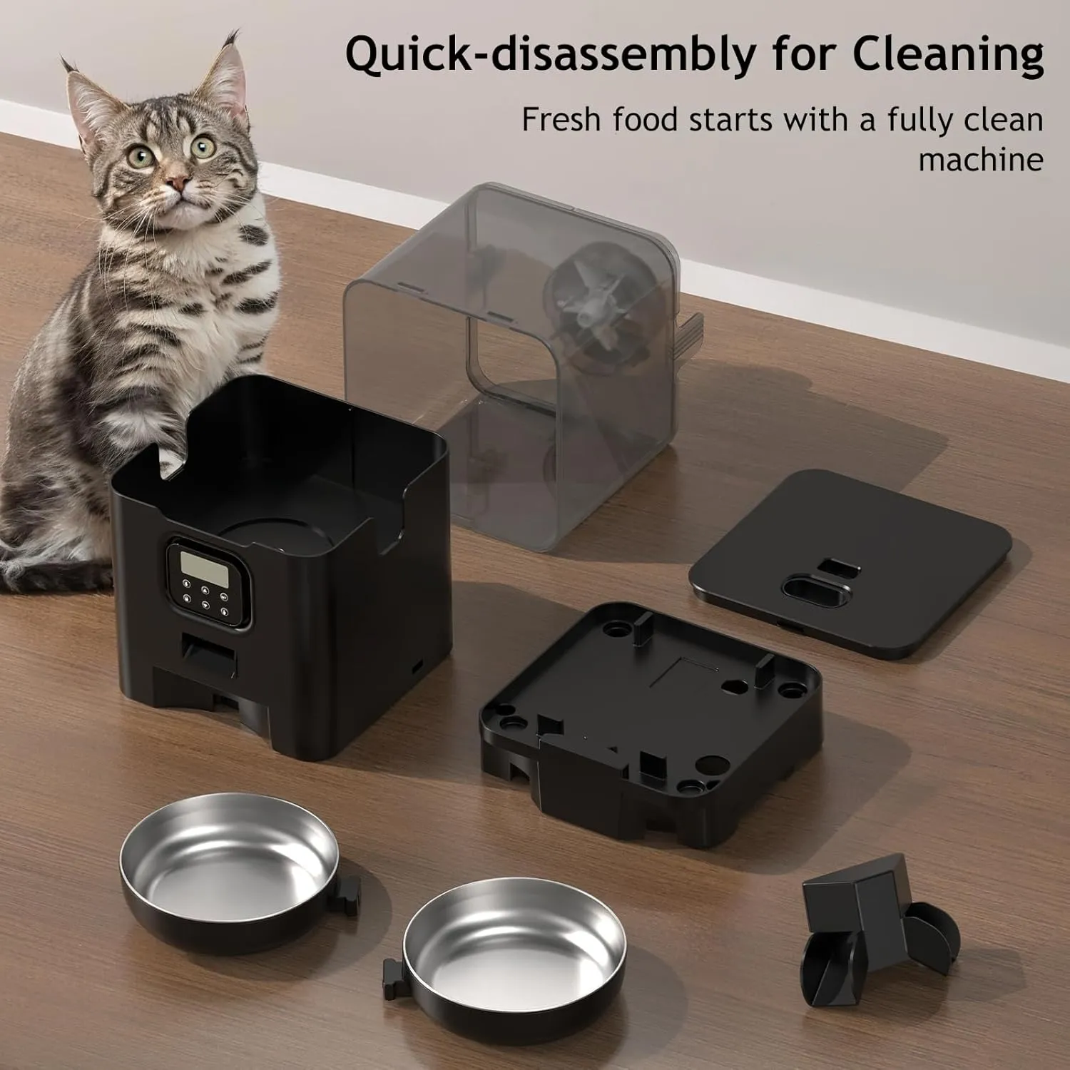 Voluas Automatic Cat Feeder for Two Cats, Double Pet Feeder with 2 Stainless Steel Bowls,6L Timed Cat Feeders with Memory Function