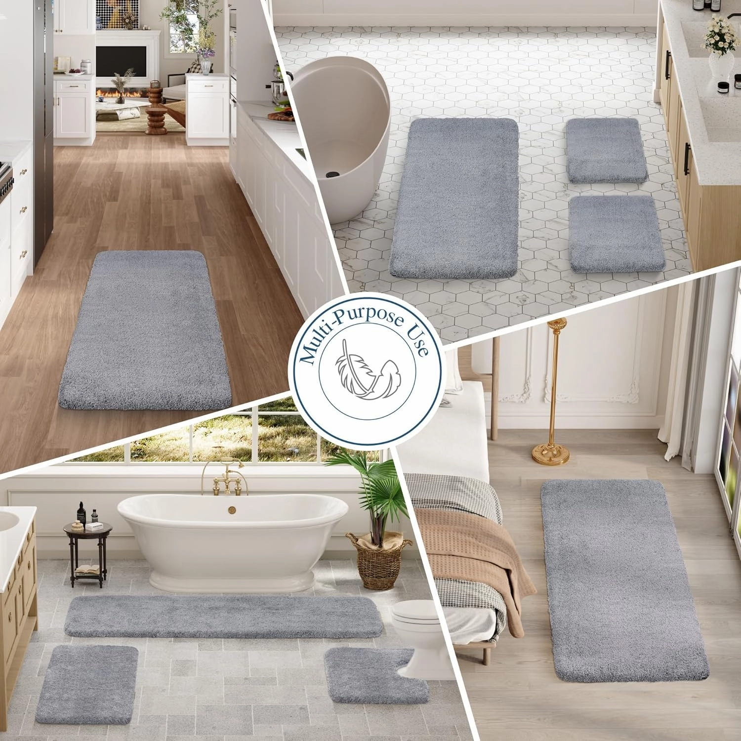 Walensee Bathroom Contour Rug (20x24, Grey) Non Slip Bath Mat for Water Absorbent Soft Microfiber Shaggy Machine Washable U Shape For Toilet