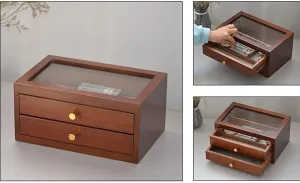Watch Box Holder Jewelry Earrings Necklace Storage Desktop Solid Wood Glass Cover