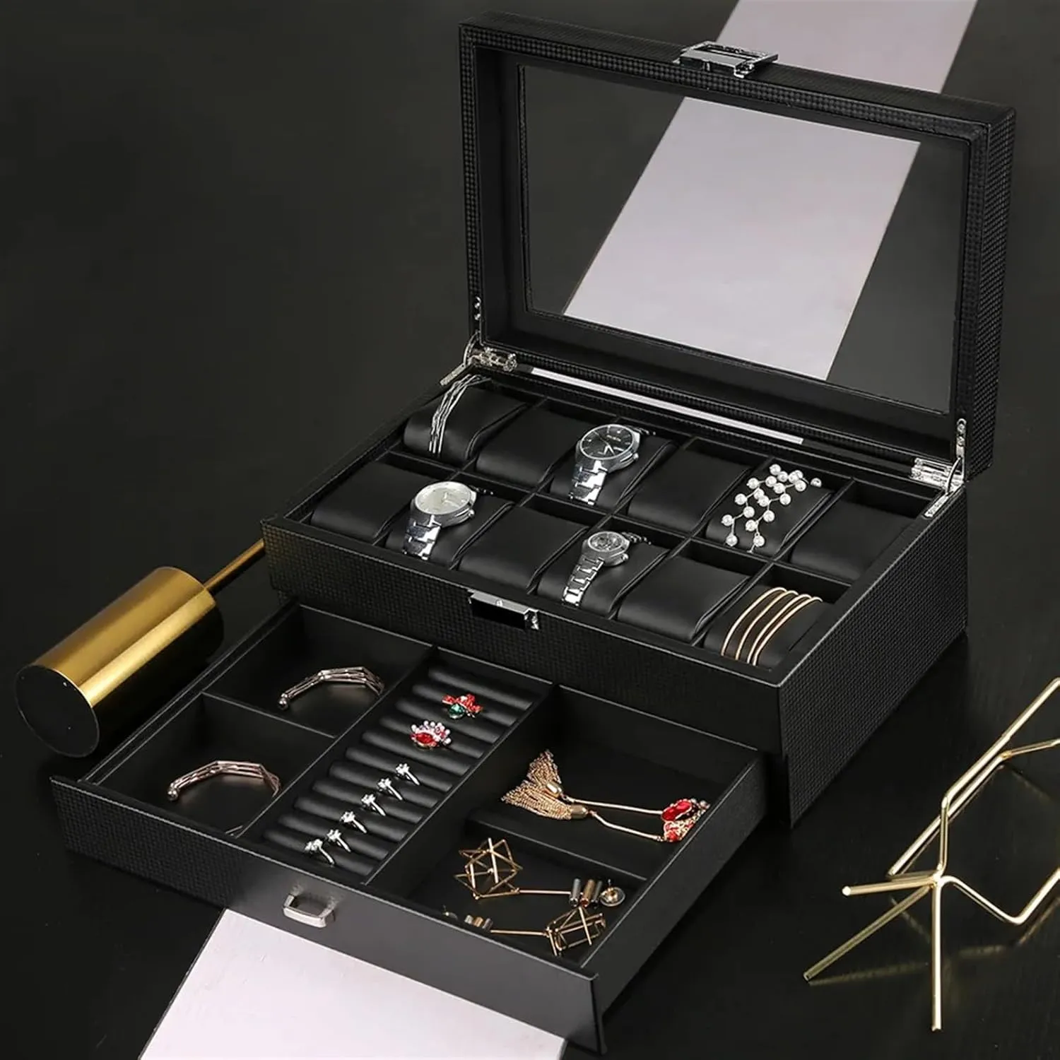 Watch Box Men Watch Box Organizer Storage Luxury Wood Case Wooden Black Display Box Square Glass Cabinet Double Layer 24 Slots Boxes Man(A)