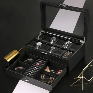 Watch Box Men Watch Box Organizer Storage Luxury Wood Case Wooden Black Display Box Square Glass Cabinet Double Layer 24 Slots Boxes Man(A)