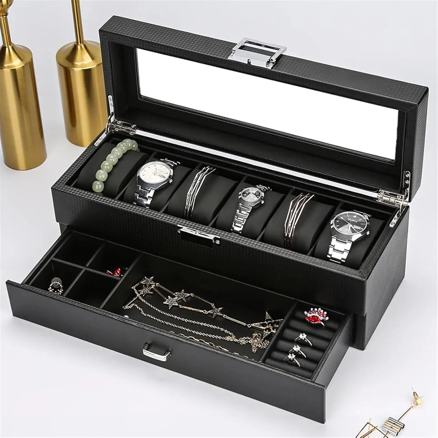Watch Box Men Watch Box Organizer Storage Luxury Wood Case Wooden Black Display Box Square Glass Cabinet Double Layer 24 Slots Boxes Man(A)