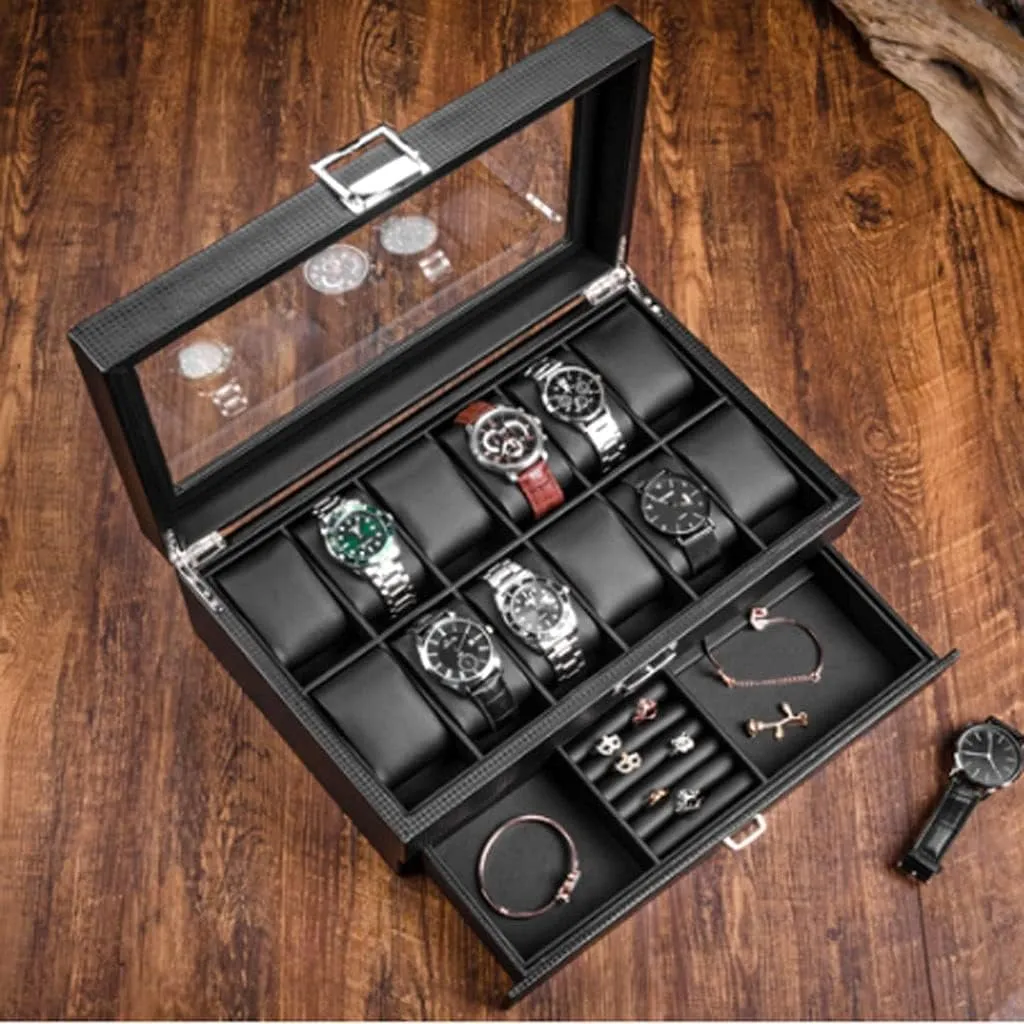 Watch Case Watch Box Earrings Necklace Leather Drawer Storage Box with Lock Transparent Glass Top Cover Watch Box (Color : A, Size : 12 Epitope)