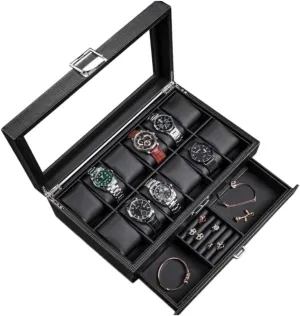 Watch Case Watch Box Earrings Necklace Leather Drawer Storage Box with Lock Transparent Glass Top Cover Watch Box (Color : A, Size : 12 Epitope)