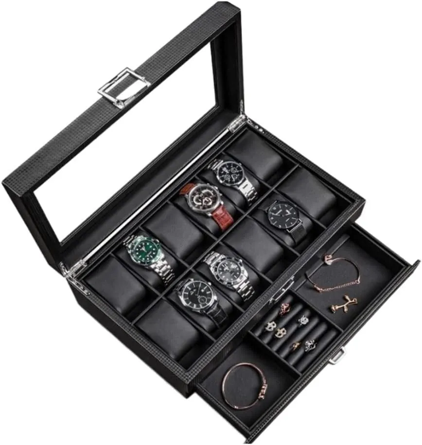 Watch Case Watch Box Earrings Necklace Leather Drawer Storage Box with Lock Transparent Glass Top Cover Watch Box (Color : A, Size : 12 Epitope)