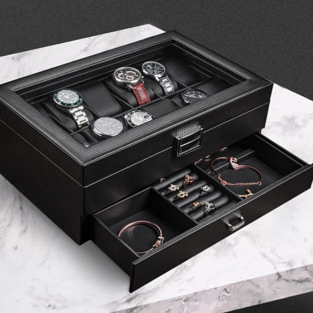 Watch Case Watch Box Earrings Necklace Leather Drawer Storage Box with Lock Transparent Glass Top Cover Watch Box (Color : A, Size : 12 Epitope)