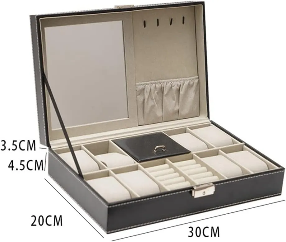 Watch Cases for Men, 8 Slots Lockable Watch Box Organizer for Men with Jewelry Organizer