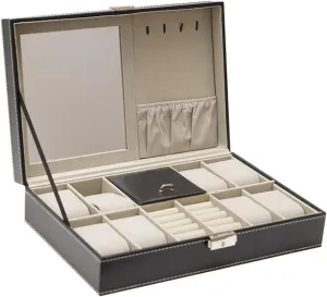 Watch Cases for Men, 8 Slots Lockable Watch Box Organizer for Men with Jewelry Organizer