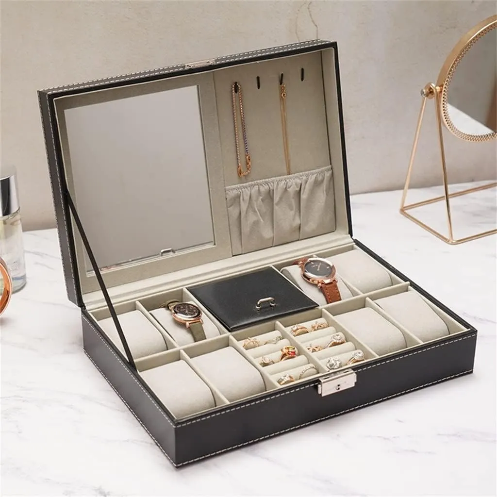 Watch Cases for Men, 8 Slots Lockable Watch Box Organizer for Men with Jewelry Organizer