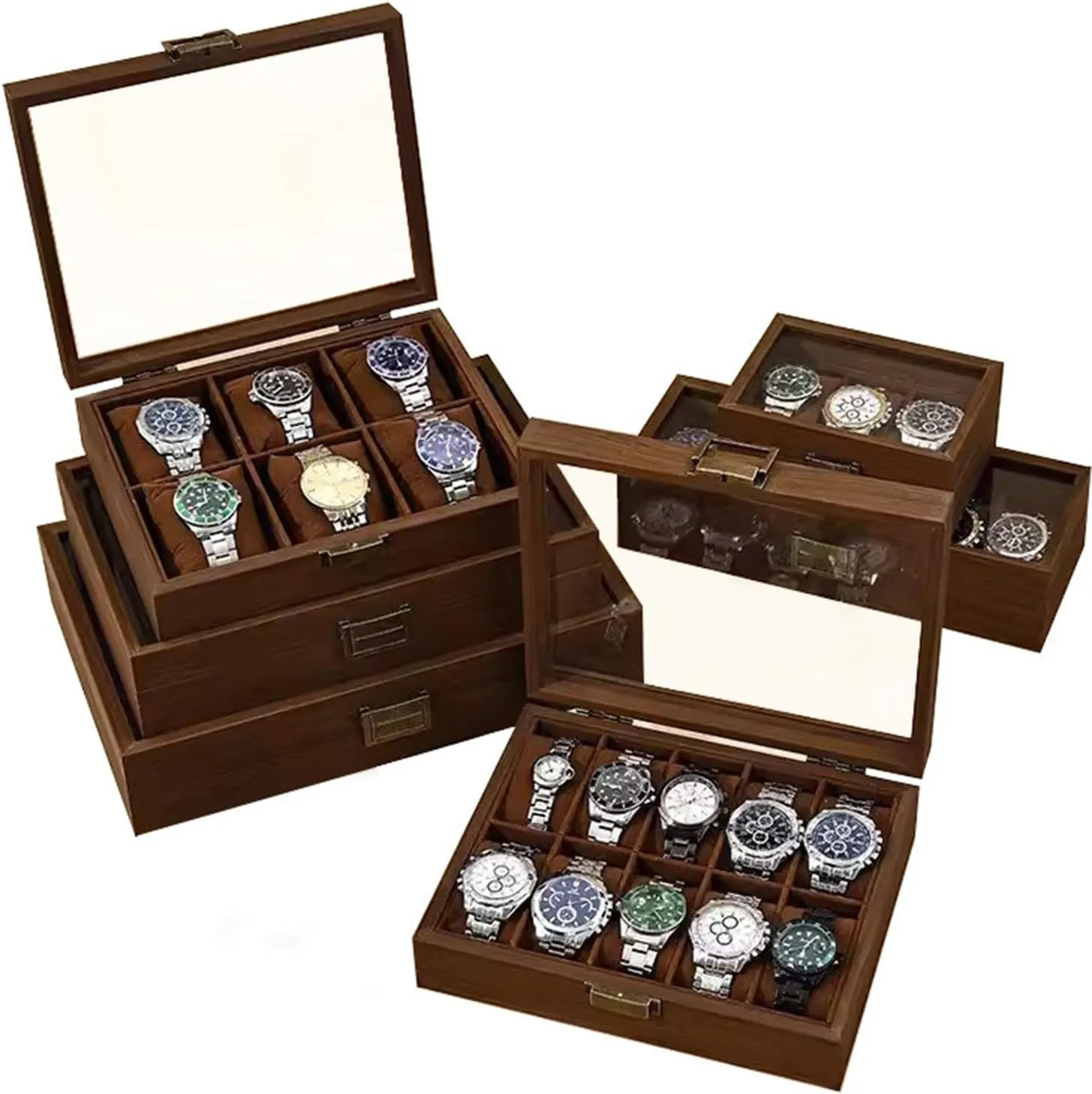 Watch Jewelry Box for Men Wood Watch Display Case Organizer with Real Glass Window Top for Sunglasses Rings Watches Storage, Gift for Men,A3