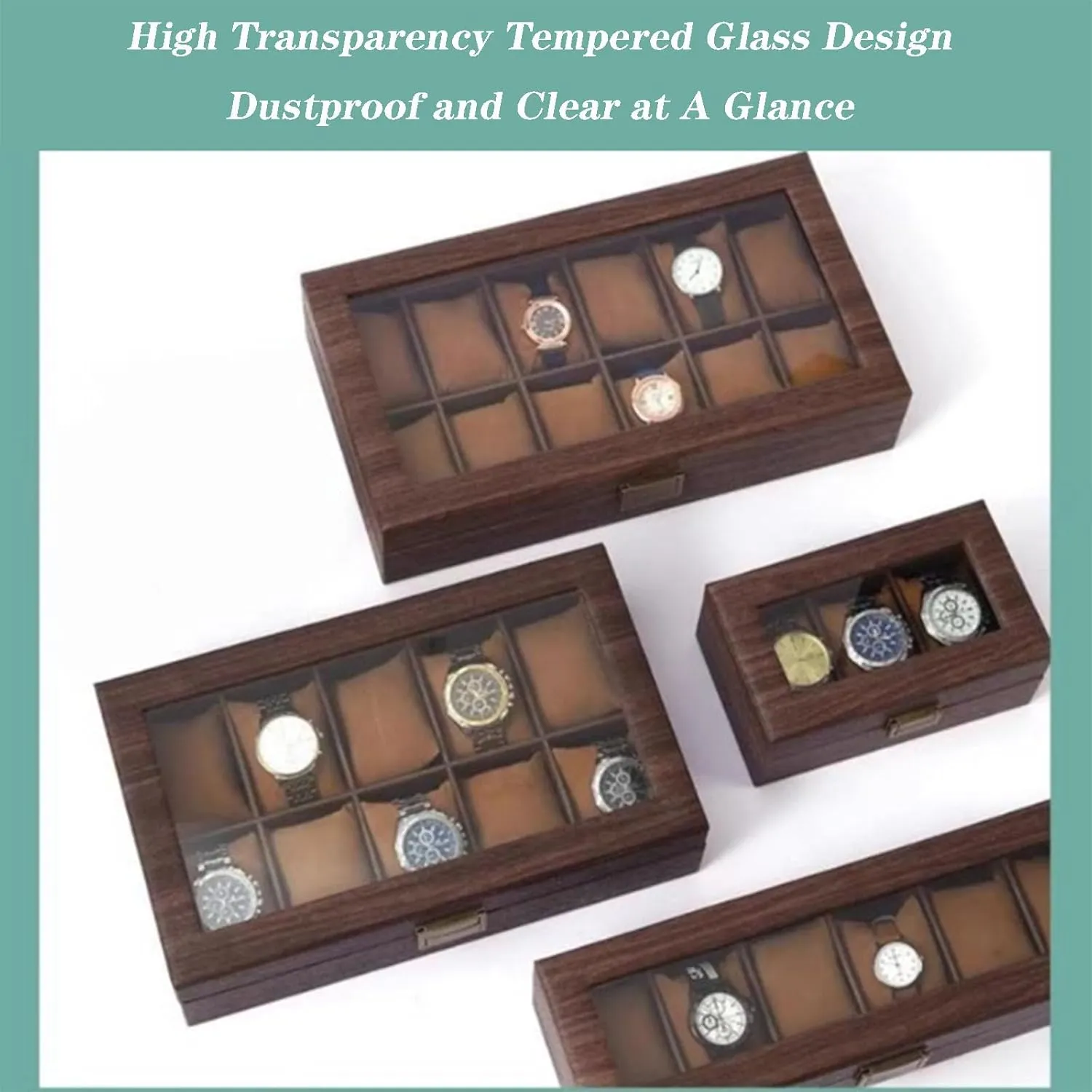 Watch Jewelry Box for Men Wood Watch Display Case Organizer with Real Glass Window Top for Sunglasses Rings Watches Storage, Gift for Men,A3