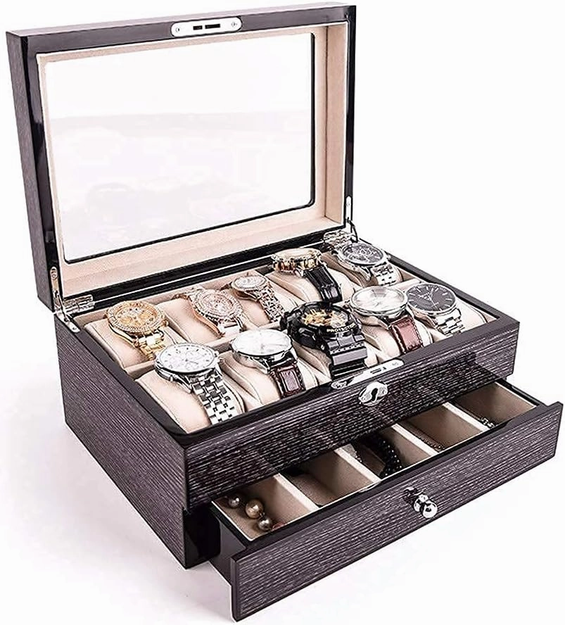 Watch Box Organizer Organizer for Men First-Class Jewelry Wristwatch Holder 10 Watch Slots and Drawer Sleek Black Transparent Acrylic Top