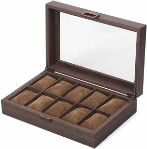 Watches Storage/Watch Case/Watch Box Made of PU Leather in Wood Grain and Real Glass with 10 Grids for 10 Watches