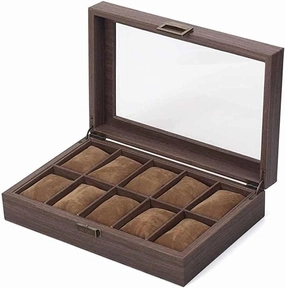 Watches Storage/Watch Case/Watch Box Made of PU Leather in Wood Grain and Real Glass with 10 Grids for 10 Watches