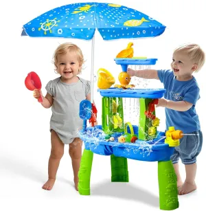 Water Table for Toddlers 1-3-5, Toddler Sand Table, Kids Water Table with Umbrella for Outside Kids Ages 4-8, Bright Blue
