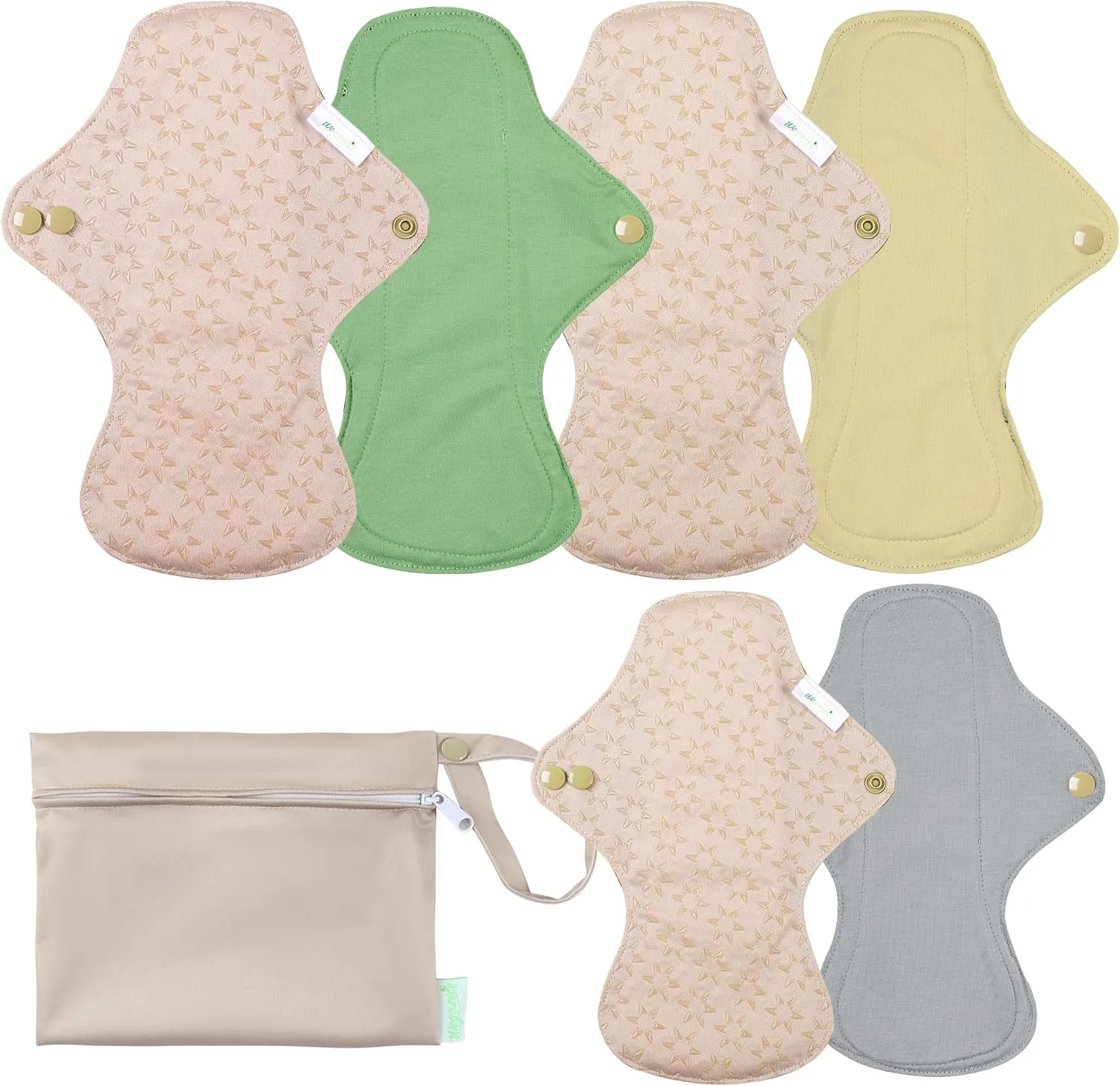 wegreeco 6 Pcs Reusable Menstrual Pads, Ultra Absorbent Cloth Pads for Heavy Flow, Sanitary for Teens, Women, Nonslip, Inner Mustard Yellow, Grey, Beige, Rose Gold Outer, S